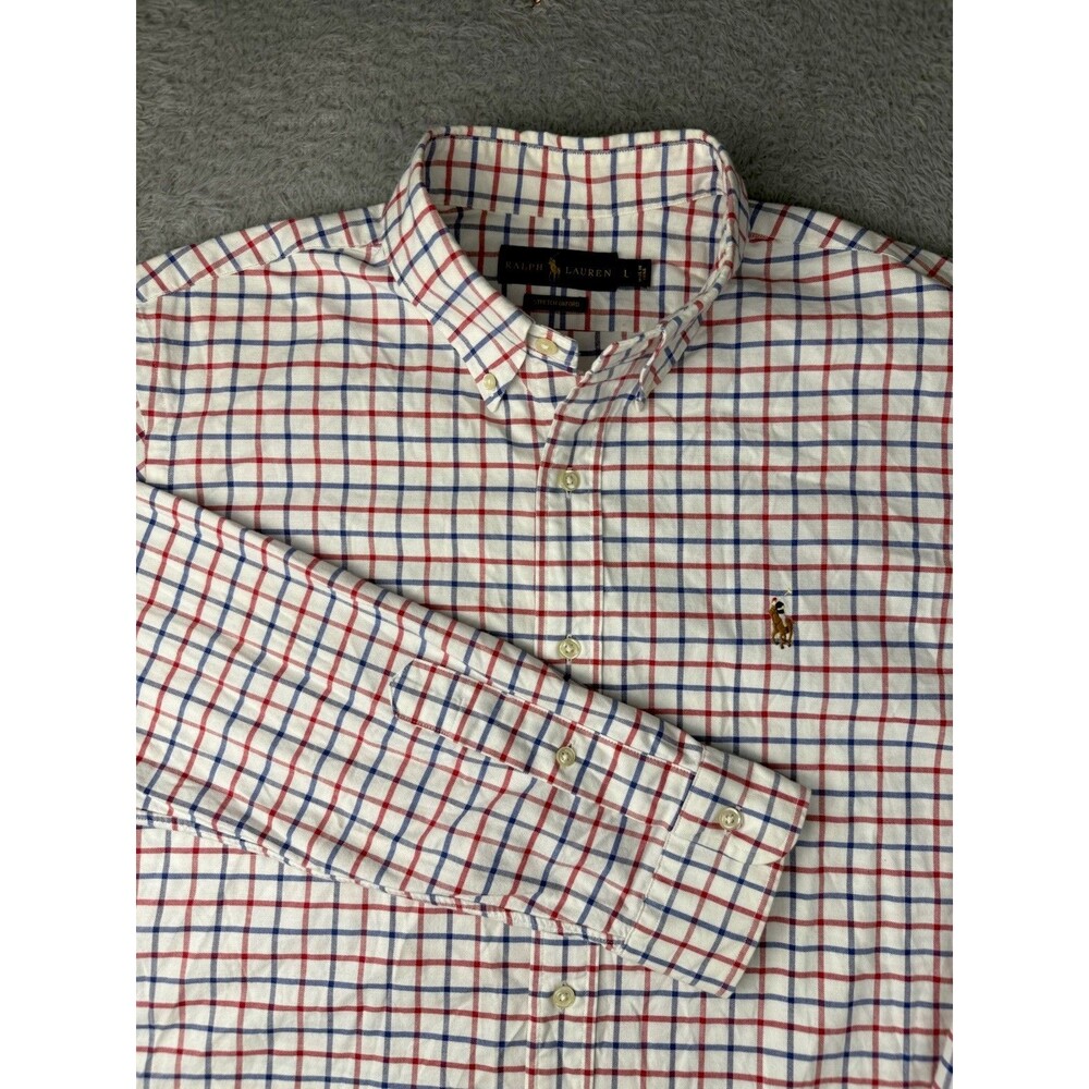 Polo Ralph Lauren Stretch Oxford Shirt Mens L Red Blue Plaid Button Down Pony